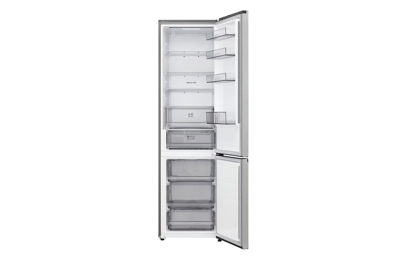 LG bottom freezer full door open view showing fridge and freezer compartments