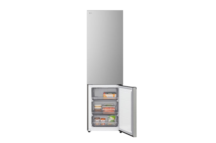 LG bottom freezer installed flush in tall warm beige wall with white arrows pointing to top side and front surfaces