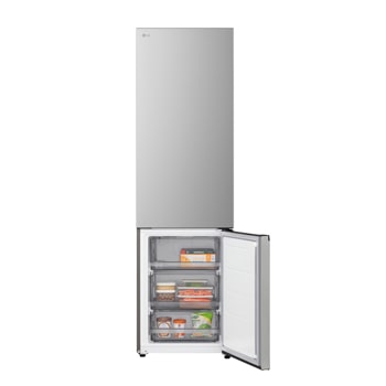LG bottom freezer installed flush in tall warm beige wall with white arrows pointing to top side and front surfaces