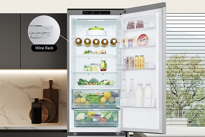 Fresh food-filled refrigerator with open door showcasing wine rack and folding shelf.
