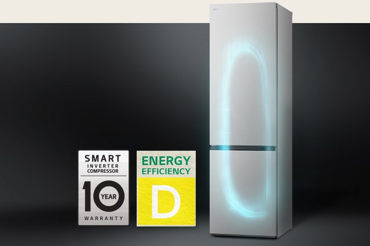 Refrigerator with efficient cooling system by smart inverter compressor and 10-year warranty label of compressor.