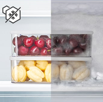 Comparison of frozen fruit containers without and with frost.