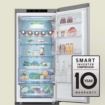 Fresh food-filled refrigerator with open door and 10-year warranty label of smart inverter compressor.