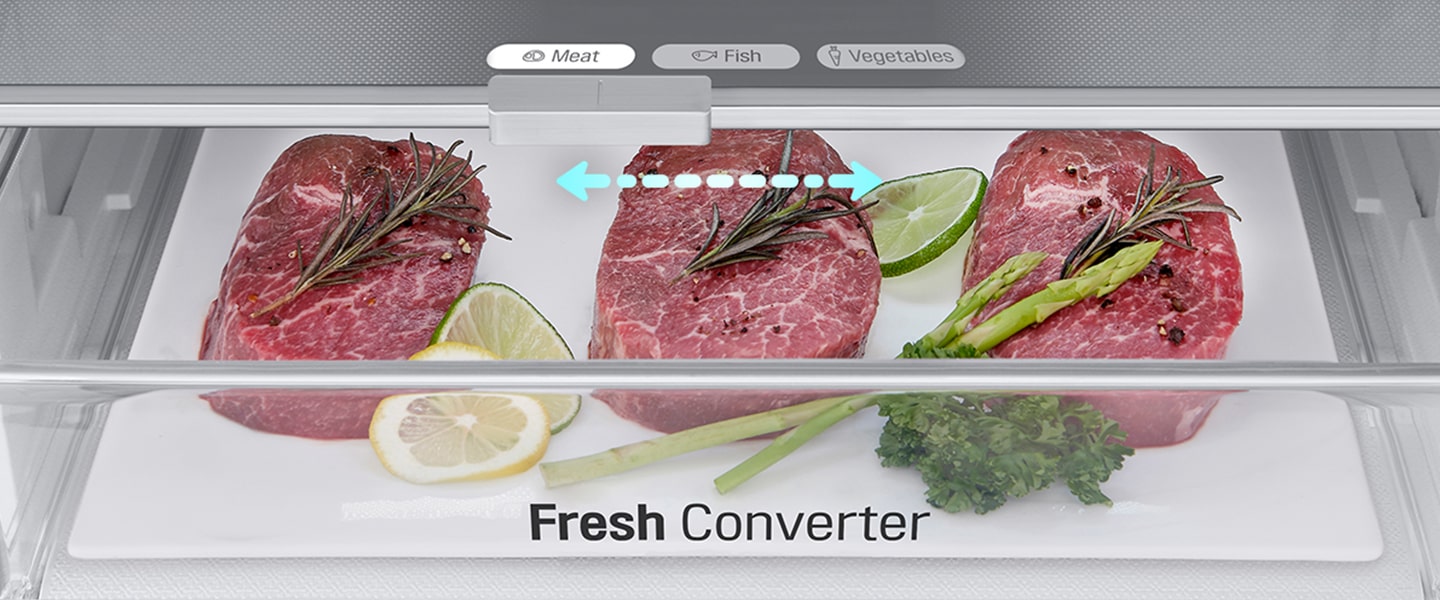 Close-up of meat-filled fresh converter, set at proper temperature for meat among meat, fish, and vegetables options.