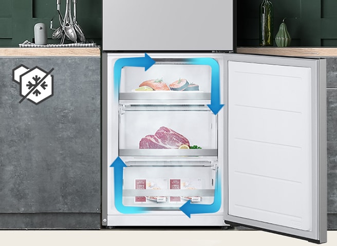 No-frost freezer with even cooling and circulated cold air to keep food fresh in all corners.