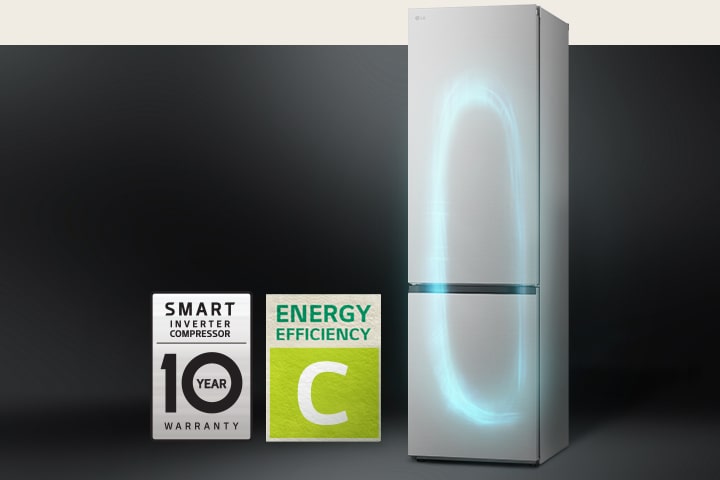 Refrigerator with efficient cooling system by smart inverter compressor and 10-year warranty label of compressor.