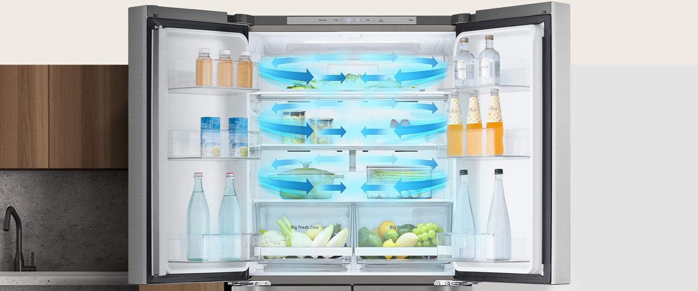 Inside the refrigerator filled with ingredients, blue arrows, which mean cold, are displayed below, on both sides, and on the whole.