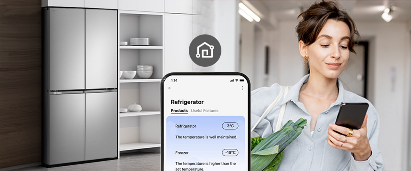 Image on the right shows a woman with a shopping basket looking at her cell phone. Image on the left shows the refrigerator front view. In the center of the images is an icon to show connectivity between the phone and refrigerator.