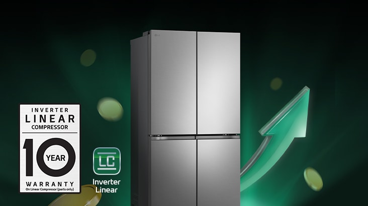 Refrigerator in front of rising arrows and piling coins