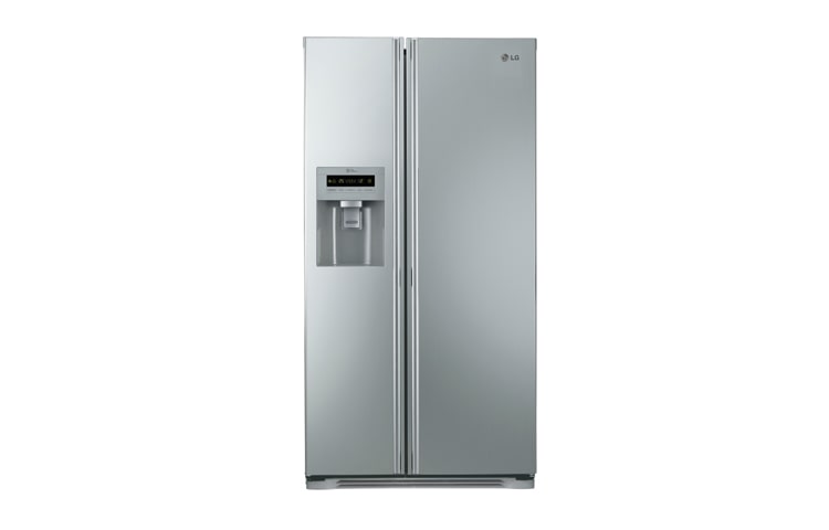 Front view of Non-Plumbed American Style Fridge Freezer with Water &amp; Ice Dispenser in Brushed Steel. GS3159AVHV