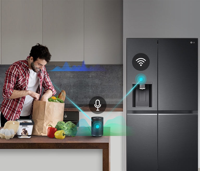 A man unloads groceries onto a kitchen counter while an LG smart refrigerator and speaker connect via Wi-Fi.
