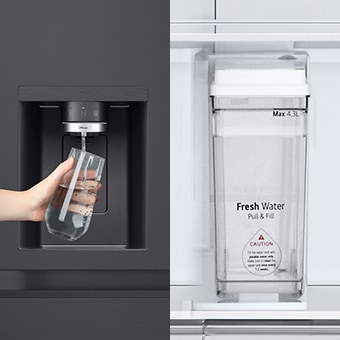 The scene of receiving water tank and water from the dispenser is shown as a two-part cut.