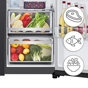 There are 3 icons, which are meat, fish, and veggie on the right side of the Fridge Freezer.
