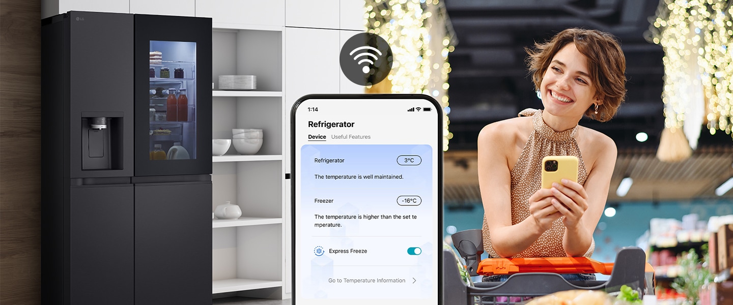 On the left side, The Fridge Freezer is open and the couple is standing near the Fridge Freezer the time seems to be evening on the right side with the energy-saving icon.