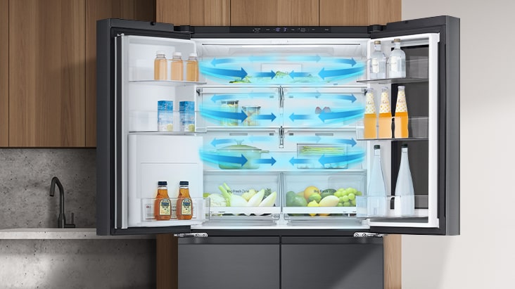 Fresh air from multi air flow circulates entire fridge part of lg multi door refrigerator.	