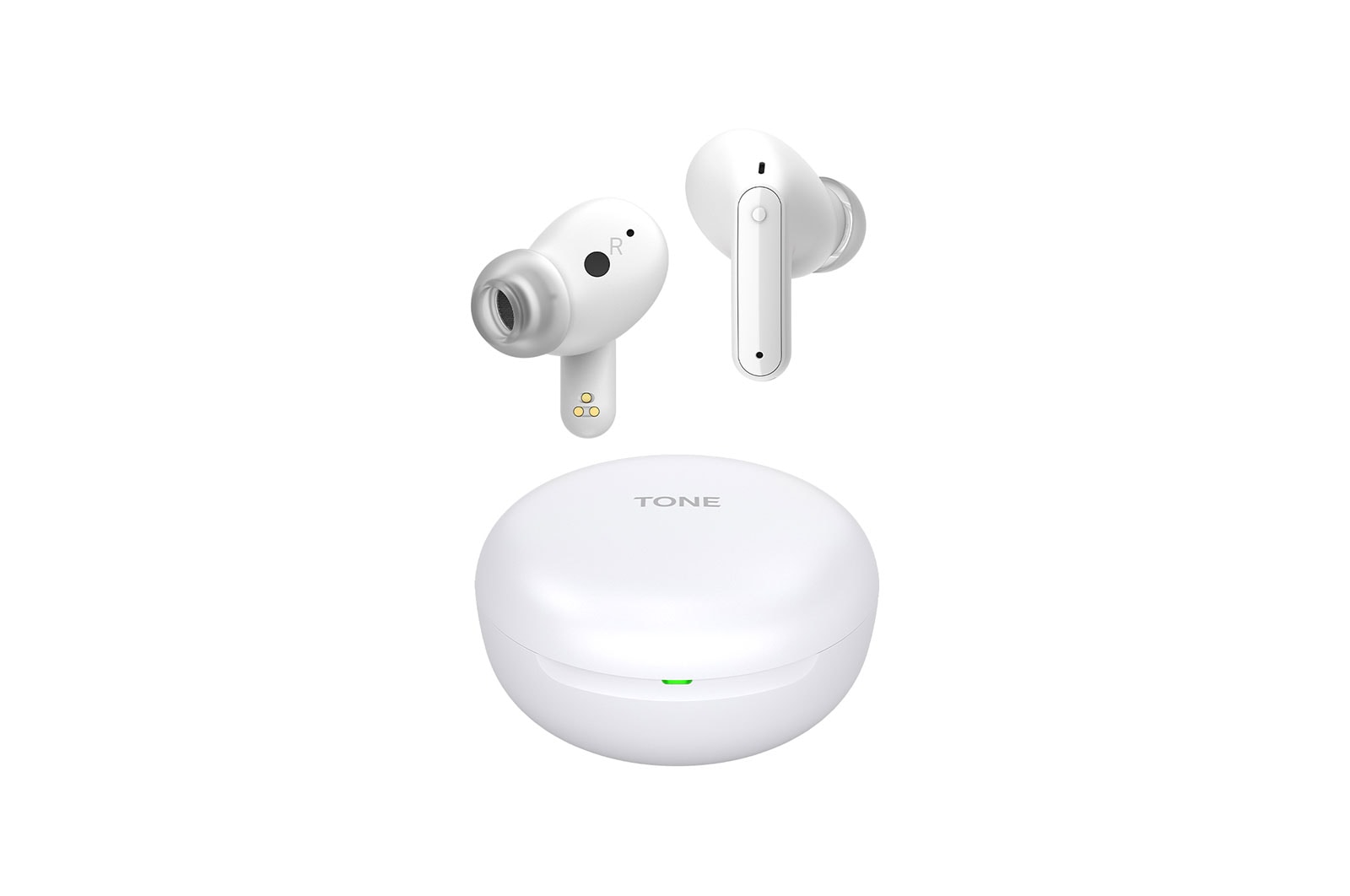 Image with earbuds floating over a closed cradle.