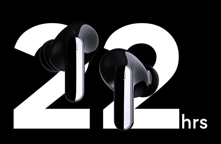 Ear buds are floating infront of text "22 hrs".