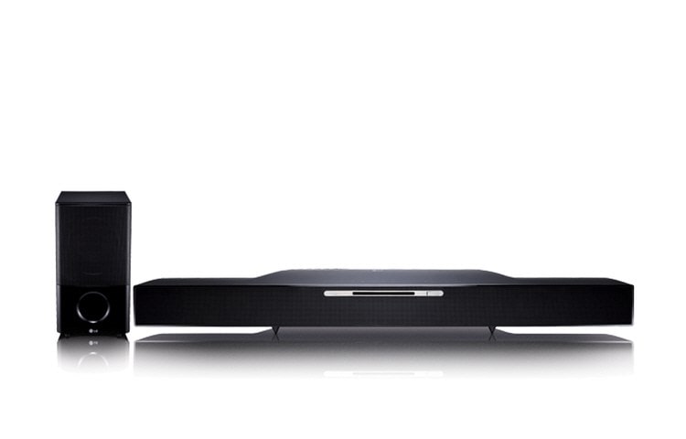 Front view of LG Super slim Blu-ray sound bar with wireless subwoofer HLB54S