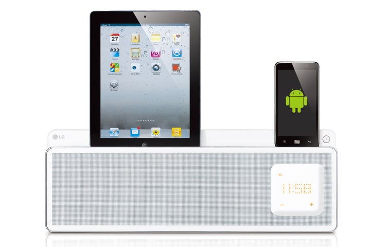 Front view of LG ND5520 Docking Station making life simple. Delivering outstanding sound from your iPod/iPhone &amp; iPad, listening to your favourite tunes on your FM radio ND5520