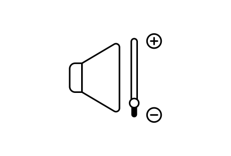 A triangular megaphone to the left and a bar to the right with upper plus icon and lower minus icon indicating low volume.	
