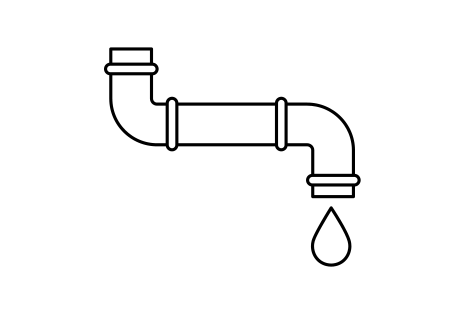 A droplet falls down from the right end of a long, horizontal water pipe while the other end is facing up.