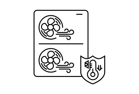 Air comes out from an outoor unit with two fans while a thermometer inside a shield indicates low temperature with a down-side arrow and a halved snowflake.