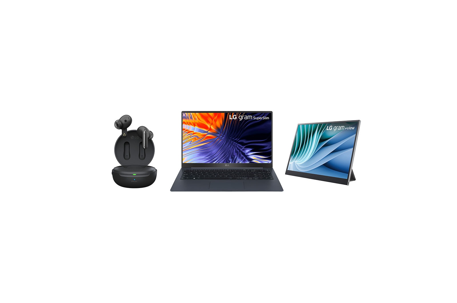 Front view of LG gram SuperSlim 15.6" Laptop & +view portable Monitor & LG TONE Free UFP9 Earbuds 15Z90AD16MR.FP9