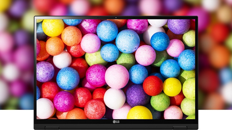 It shows the DCI-P3 99% (Typ.) wide colour gamut with vivid and colorful balls on the screen.