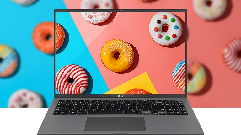 It shows the DCI-P3 99% (Typ.) wide colour gamut with vivid and colourful donuts on the screen.