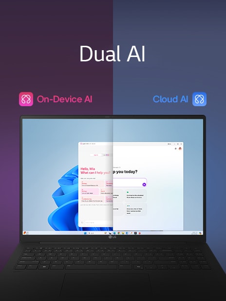 A split-screen image showcasing 'Dual AI' with two distinct modes: 'On-Device AI' on the left, represented by a pink icon, and 'Cloud AI' on the right, represented by a blue icon. The screen displays an AI interface, symbolizing seamless AI functionality across both modes.