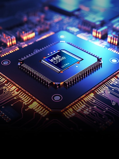 A close-up of an Intel Core Ultra processor embedded in a high-tech circuit board. The chip is surrounded by intricate circuitry with glowing orange and blue lights, creating a futuristic and high-performance aesthetic.