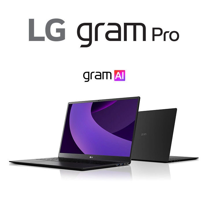 The image shows the laptop with its screen open and angled to the left, and the laptop with the logo visible behind it. There is a purple cylindrical image crossing the screen, and the 'gram AI' logo is on the top of the laptop.