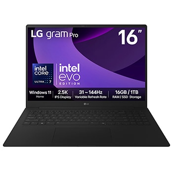 Front view of 16" LG gram Pro, Copilot PC, 32GB RAM, Intel® Core™ Ultra Processor, gram Hybrid AI, Obsidian Black - 16Z90TP-G