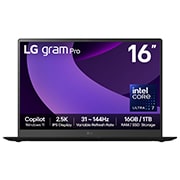 Front view of 16" LG gram Pro Laptop, 32GB RAM, Intel® Core™ Ultra Processor, gram Hybrid AI, Obsidian Black with purple swirl background on screen