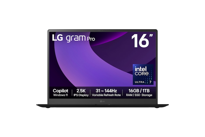 Front view of 16" LG gram Pro Laptop, 32GB RAM, Intel® Core™ Ultra Processor, gram Hybrid AI, Obsidian Black with purple swirl background on screen