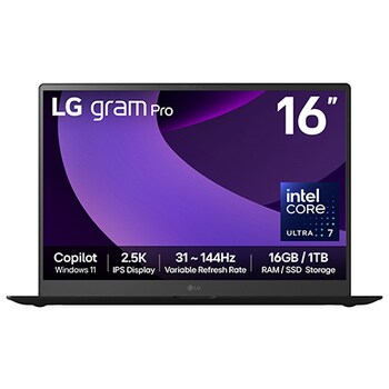 Front view of 16" LG gram Pro Laptop, 32GB RAM, Intel® Core™ Ultra Processor, gram Hybrid AI, Obsidian Black with purple swirl background on screen