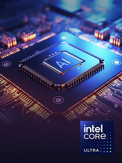 An AI processor is prominently displayed on a circuit board, symbolizing advanced technology and performance. The Intel Core Ultra logo is visible in the bottom right corner, emphasising cutting-edge AI processing capabilities.