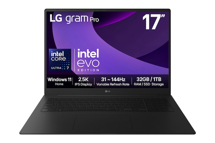 Front view of 17" LG gram Pro, Copilot PC, 32GB RAM, Intel® Arrow Lake Processor, gram AI, Obsidian Black - 17Z90TP-G