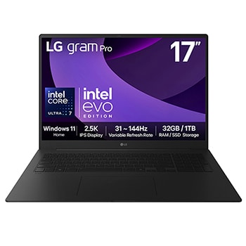 Front view of 17" LG gram Pro, Copilot PC, 32GB RAM, Intel® Arrow Lake Processor, gram AI, Obsidian Black - 17Z90TP-G