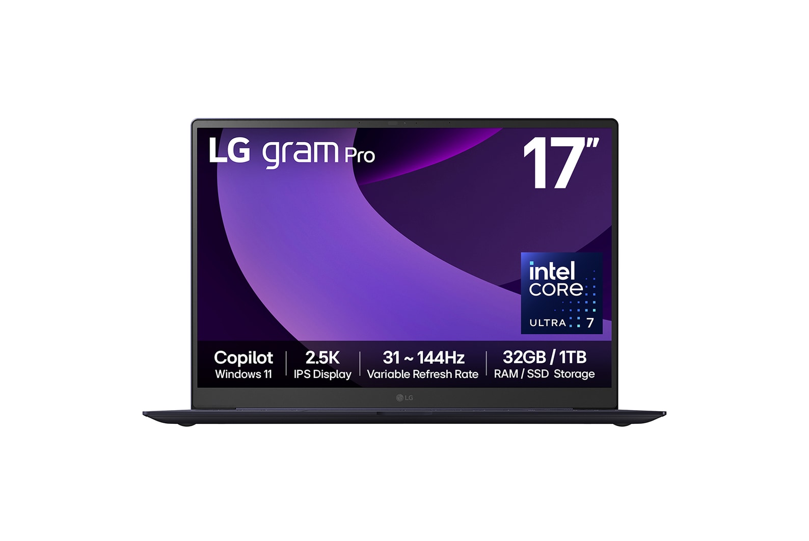 Front view of 17" LG gram Pro Laptop, 32GB RAM, Intel® Arrow Lake Processor, gram AI, Obsidian Black with purple swirl in screen