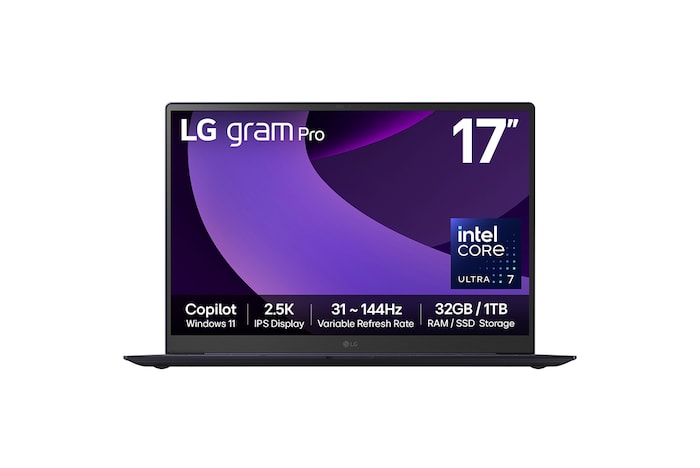 Front view of 17" LG gram Pro Laptop, 32GB RAM, Intel® Arrow Lake Processor, gram AI, Obsidian Black with purple swirl in screen