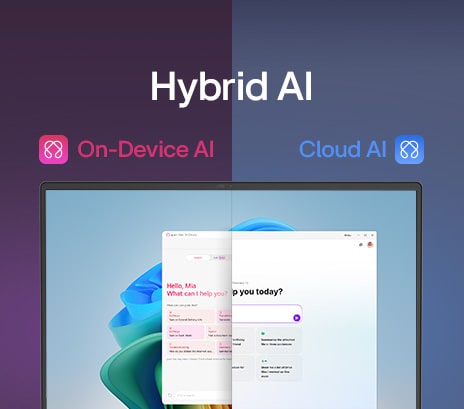 A split-screen image showcasing 'Hybrid AI' with two distinct modes: 'On-Device AI' on the left, represented by a pink icon, and 'Cloud AI' on the right, represented by a blue icon. The screen displays an AI interface, symbolizing seamless AI functionality across both modes.
