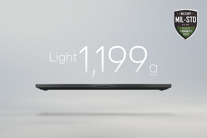 An animation showcasing a lightweight laptop with '1,199g' displayed in the first frame and '15.7mm' thickness in the second frame. Both frames include the MIL-STD durability badge, emphasizing portability and durability.