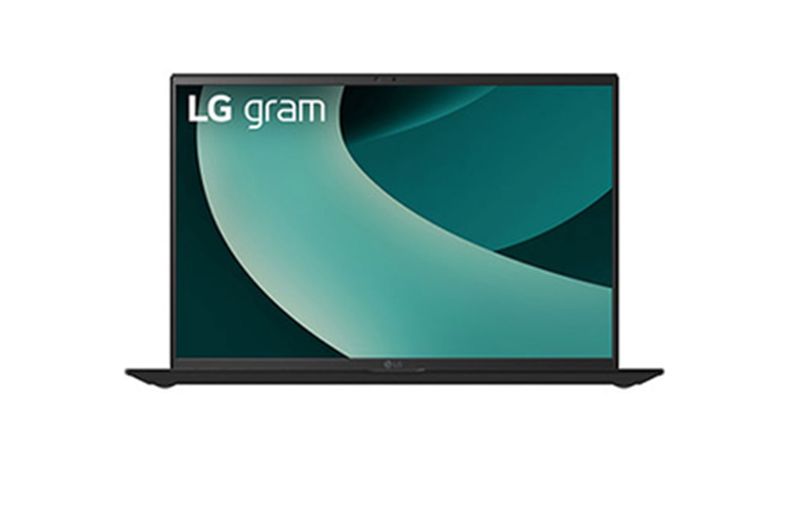 Front view of 16" LG gram Laptop, 16GB RAM, Intel® Core™ Ultra Processor, gram Hybrid AI, Obsidian Black with green swirl on screen
