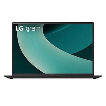 Front view of 16" LG gram Laptop, 16GB RAM, Intel® Core™ Ultra Processor, gram Hybrid AI, Obsidian Black with green swirl on screen