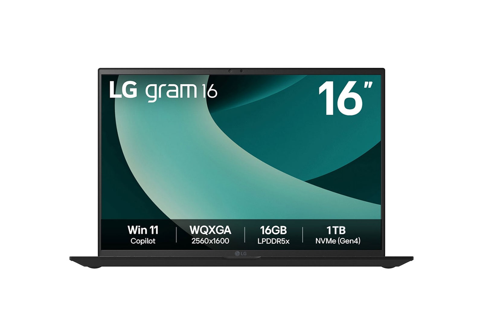 Front view of 16" LG gram Laptop, 16GB RAM, Intel® Core™ Ultra Processor, gram Hybrid AI, Obsidian Black with green swirl on screen