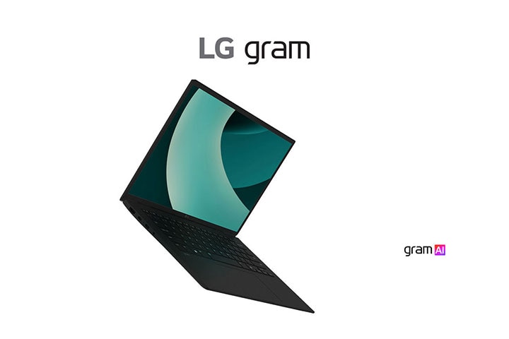 The image shows an LG gram laptop, highlighted for its ultra-light design. On the right, the text reads: "Delightfully light" with the "gram AI" logo below it.