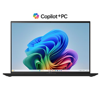 Front view of 16" LG gram AI Laptop, 16GB RAM, Intel® Lunar Lake Processor, gram Hybrid AI, Obsidian Black with Copilot+ with green and black swirl wallpaper - 16Z90TL