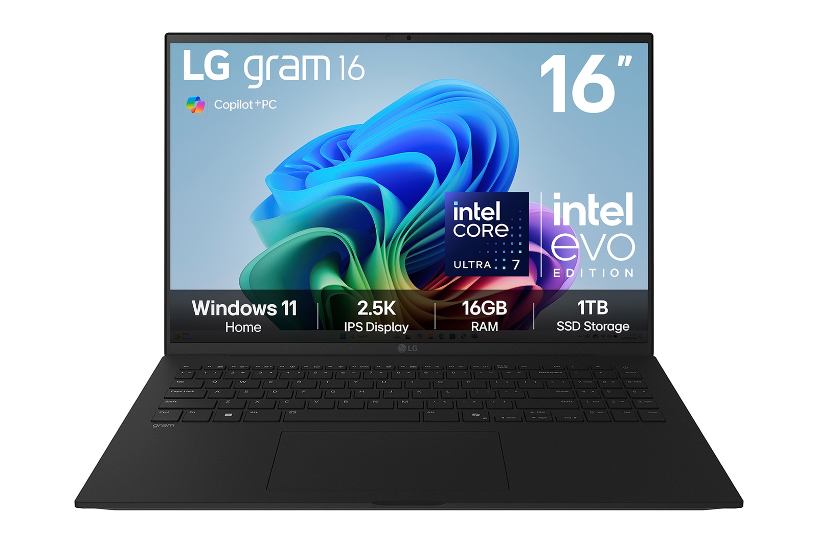 Front view of 16" LG gram AI, Copilot+ PC, 16GB RAM, Intel® Core™ Ultra Processor, gram Hybrid AI, Obsidian Black - 16Z90TL-G