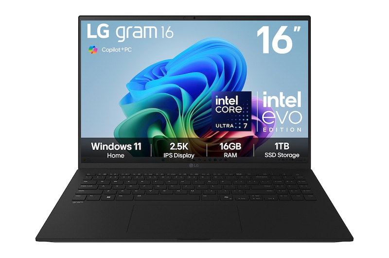 Front view of 16" LG gram AI, Copilot+ PC, 16GB RAM, Intel® Core™ Ultra Processor, gram Hybrid AI, Obsidian Black - 16Z90TL-G
